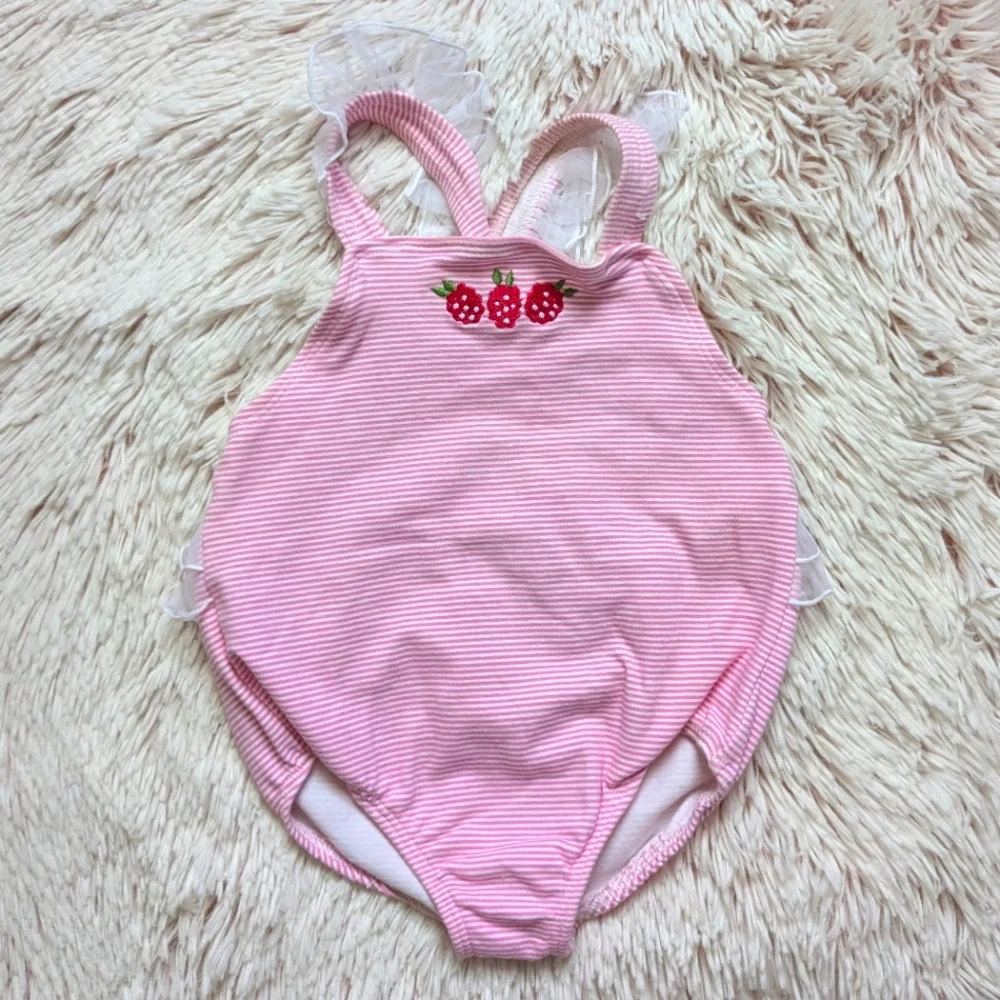 Big Fish by Sweet Potatoes One-piece Swimsuit Pink White Striped Embroidered 24m